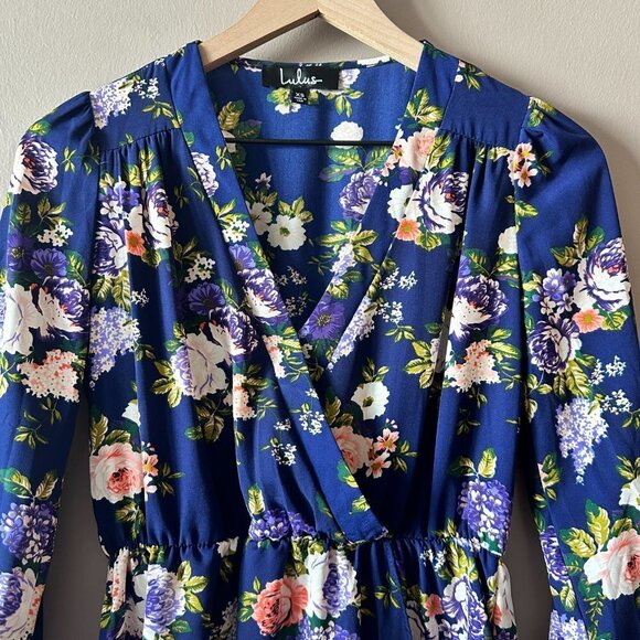 Women's XS Lulus That's a Wrap Navy Blue Floral Print Dress Long Sleeve - Picture 6 of 12